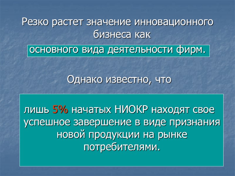 Резко растет значение инновационного бизнеса как  основного вида деятельности фирм.   Однако